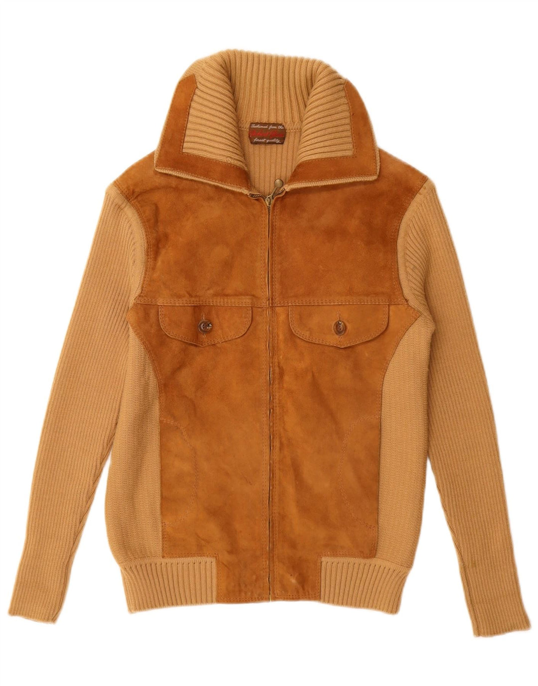 Maglione cardigan in pelle scamosciata da donna VINTAGE UK 12 Colorblock beige medio