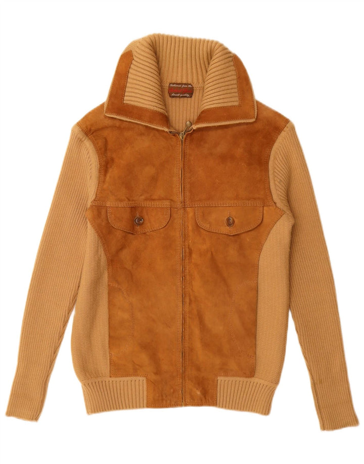 Maglione cardigan in pelle scamosciata da donna VINTAGE UK 12 Colorblock beige medio