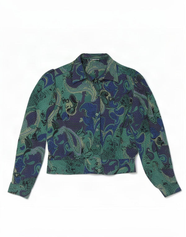 Camicetta camicia vintage da donna UK 12 verde medio Paisley