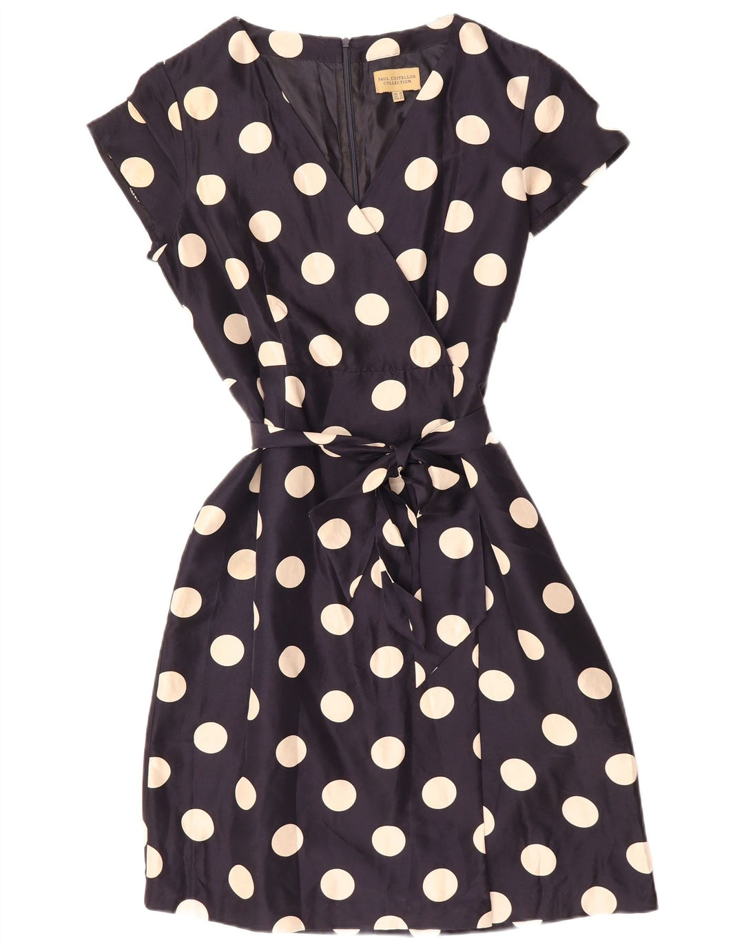 PAUL COSTELLOE Abito a trapezio da donna UK 16 Grande seta a pois blu navy