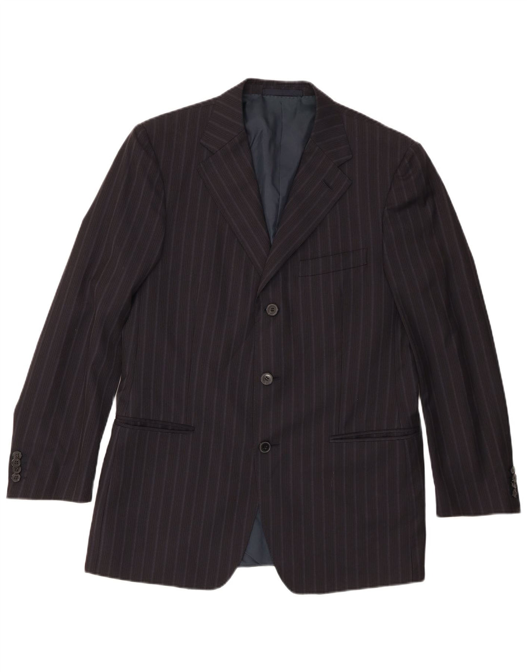 Giacca blazer da uomo a 3 bottoni Zegna IT 50 grande lana gessata blu navy