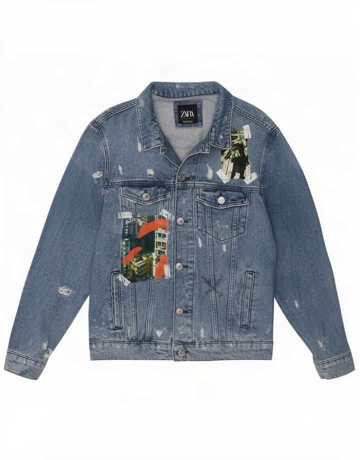 Giacca in denim invecchiato con grafica artista Zara da uomo UK 42 grande patchwork blu