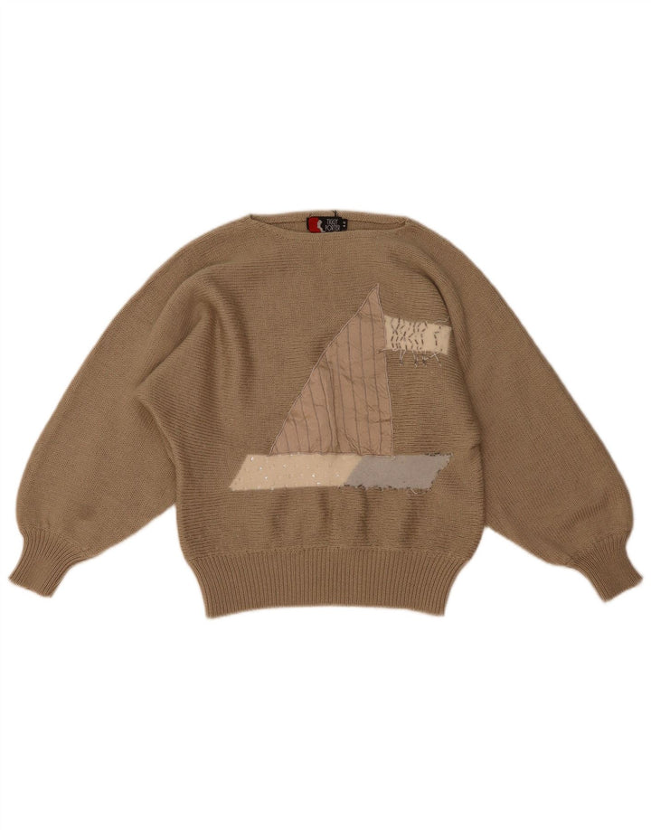 Maglione vintage da donna con scollo a barca con grafica IT 42 Marrone medio