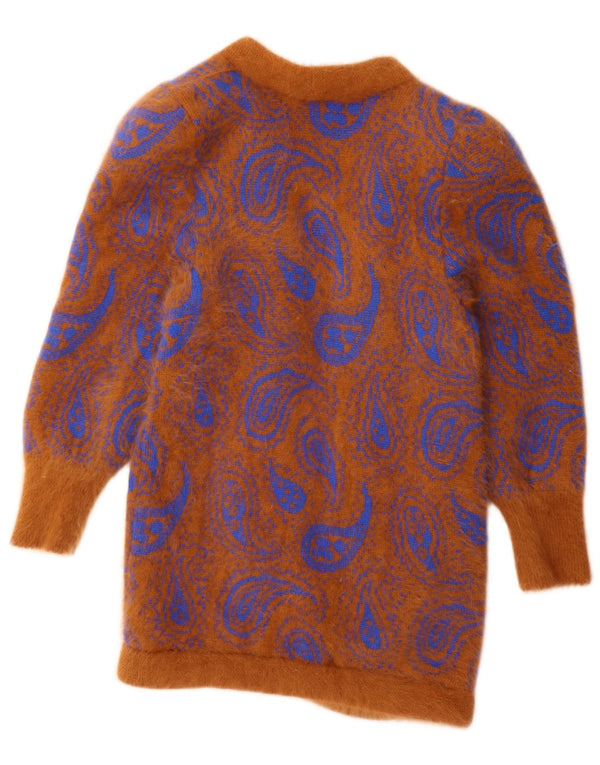 Maglione cardigan aperto lungo da donna vintage UK 14 Paisley marrone medio