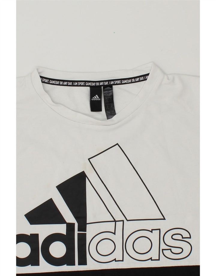 ADIDAS Womens Graphic Short Sleeve Sweatshirt Jumper UK 12/14 Medium White Vintage Adidas and Second-Hand Adidas from Messina Hembry 