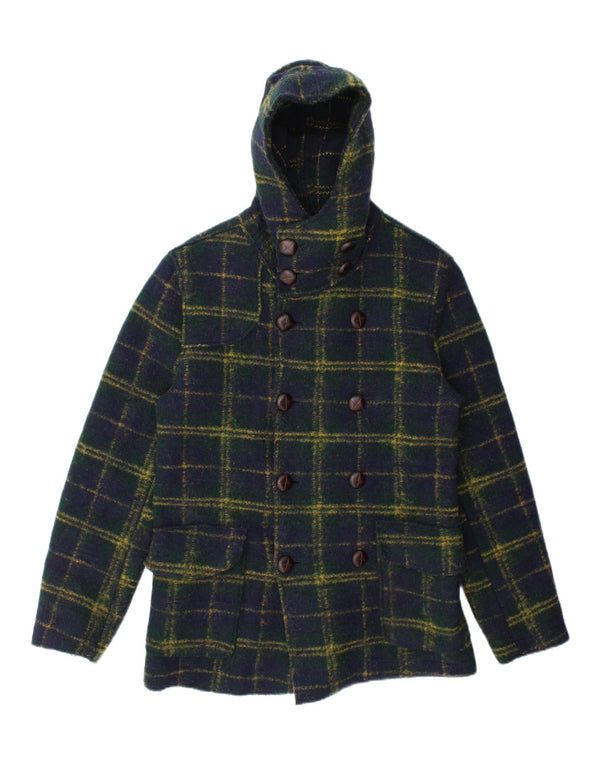 Cappotto doppiopetto vintage da uomo in maglia con cappuccio UK 38 medio blu navy a quadri