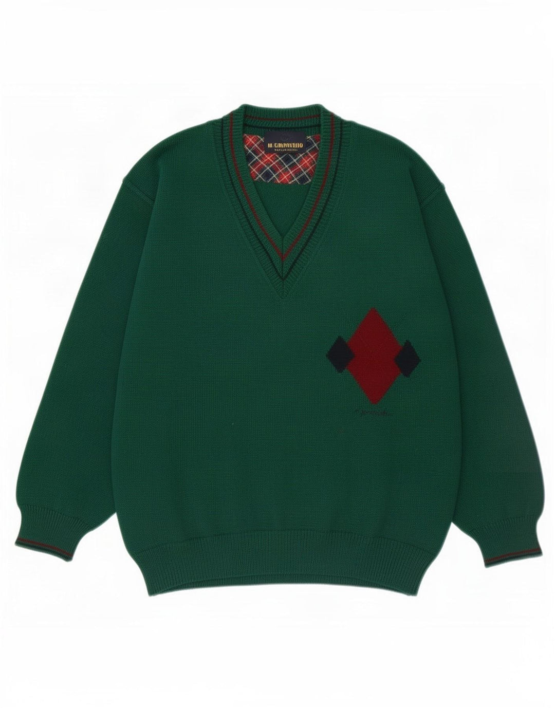 Il Granchio Maglione da uomo con scollo a V, grande lana verde a rombi/diamante