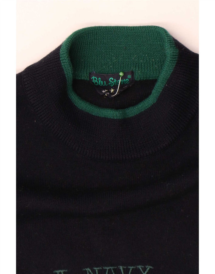 Maglione da uomo vintage con collo alto e grafica, grande blu navy