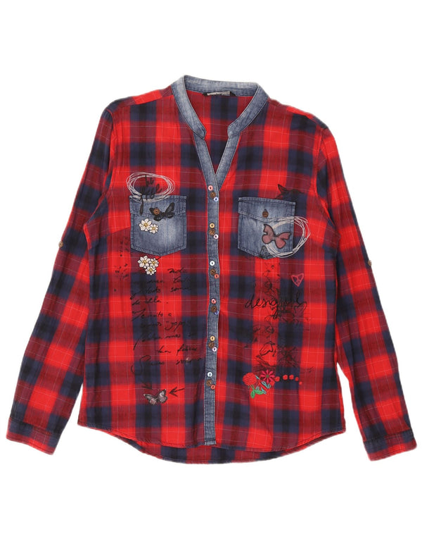 Desigual Camicia da donna in flanella con grafica UK 18 XL Farfalla in cotone a quadretti rossi