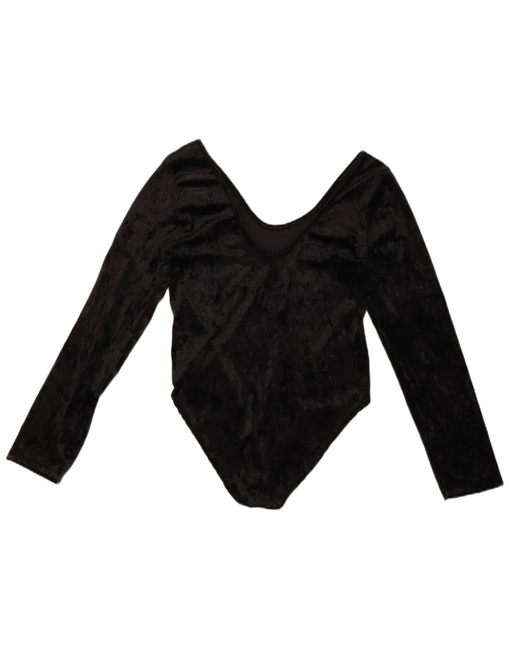 Body a maniche lunghe in velluto da donna VINTAGE UK 10 piccolo poliestere nero