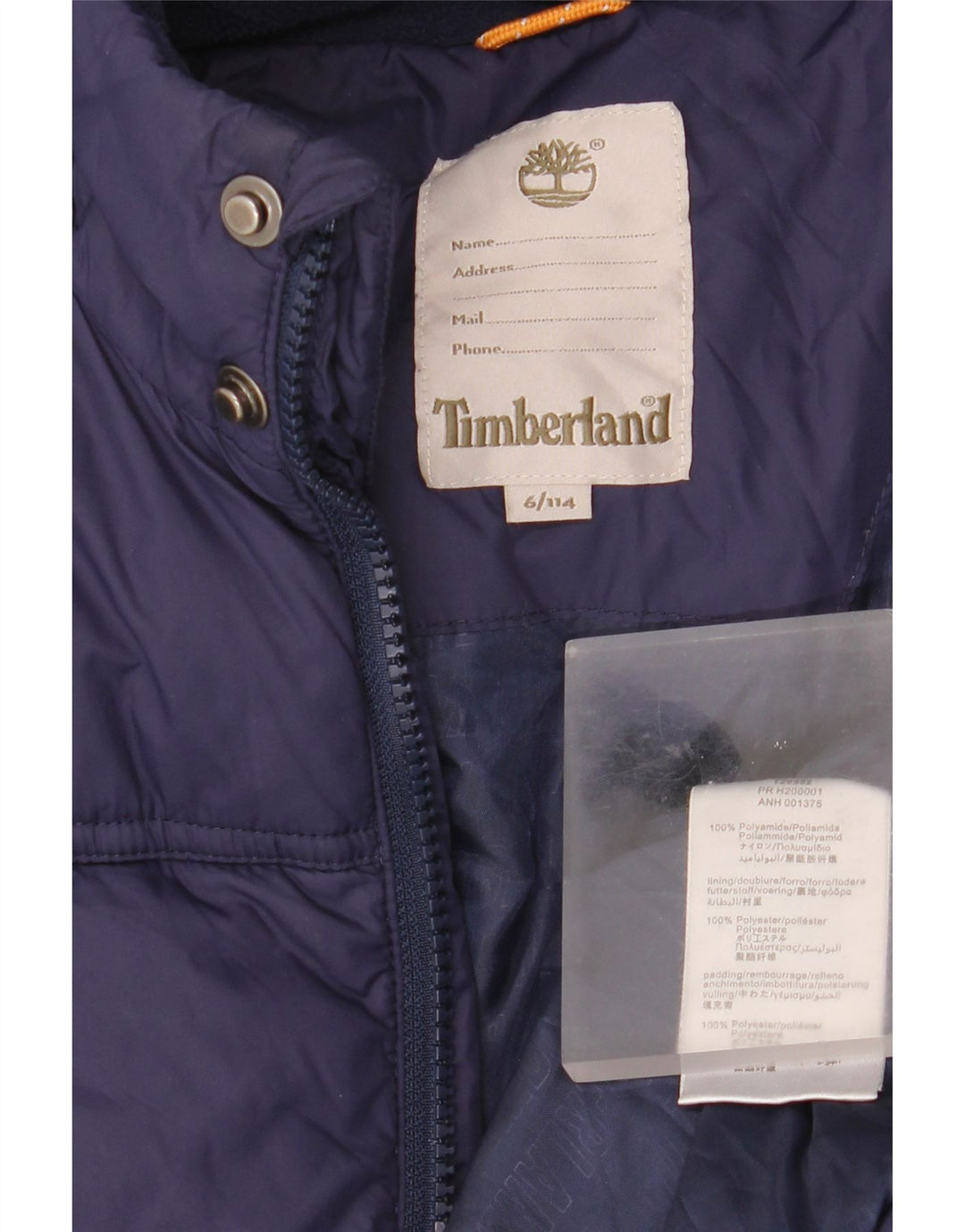 Giacca imbottita con cappuccio Timberland per ragazzi 5-6 anni in poliammide blu navy