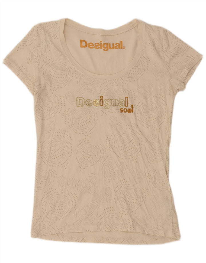 DESIGUAL T-shirt grafica da donna Top UK 14 Large Beige Spotted Cotton