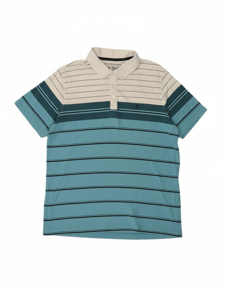 PENGUIN Mens Polo Shirt Medium Blue Striped Cotton
