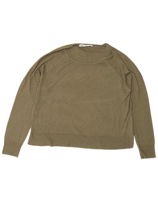 Zara Womens Regular Fit Crew Neck Jumper Sweater UK 12 Medium Green