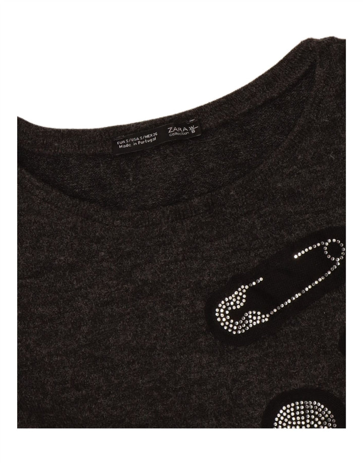 Top corto grafico da donna Zara manica lunga UK 10 piccolo grigio