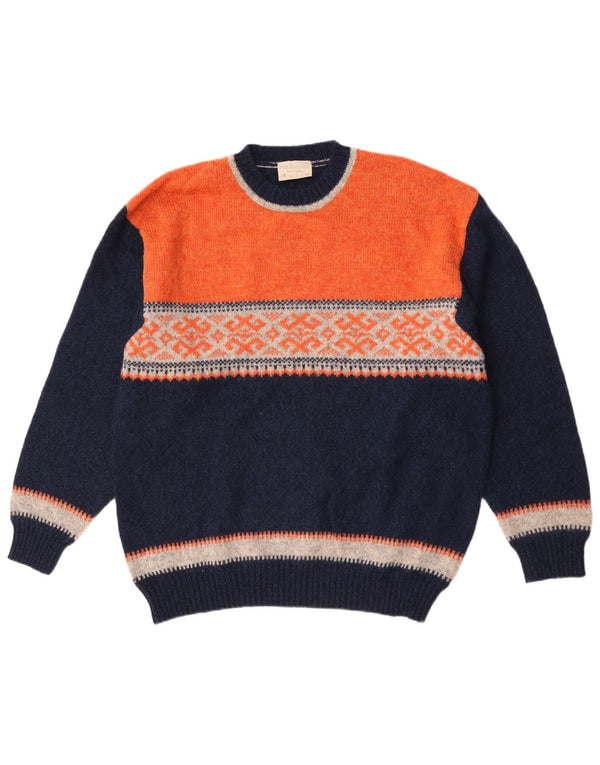 Maglione maglione girocollo da uomo vintage grande in lana color block blu navy