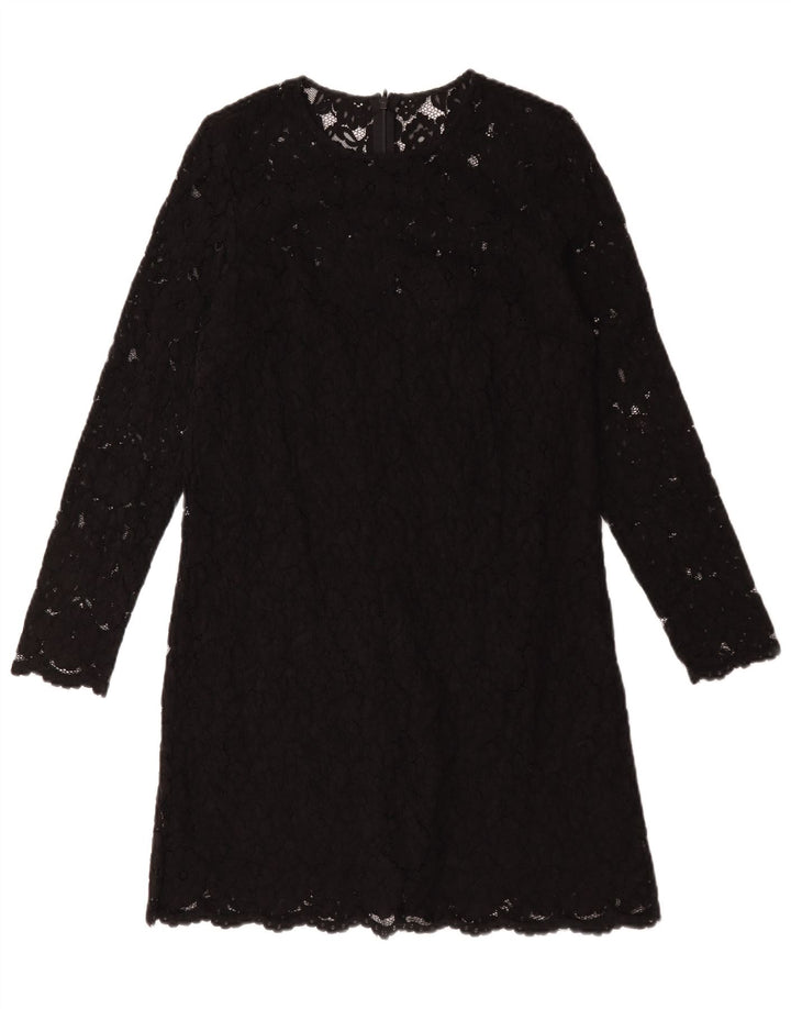Abito a trapezio a maniche lunghe da donna vintage UK 12 Poliestere floreale nero medio