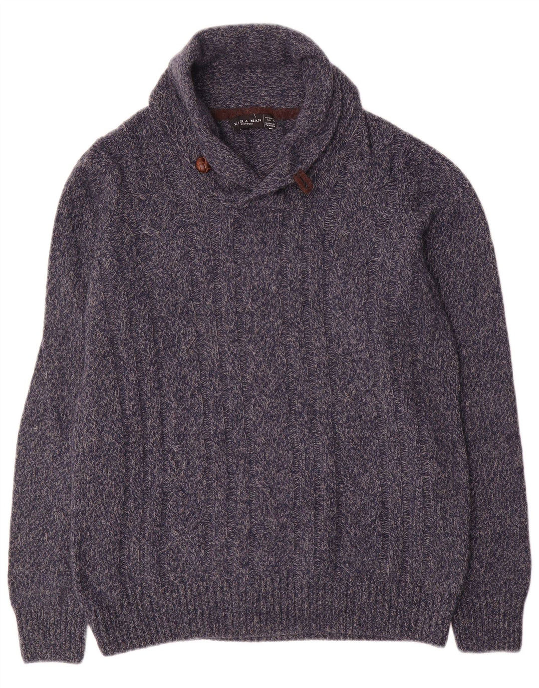 Maglione Zara da uomo con collo a scialle, grande, in lana screziata blu navy