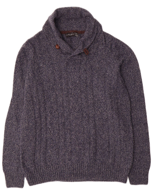 Maglione Zara da uomo con collo a scialle, grande, in lana screziata blu navy