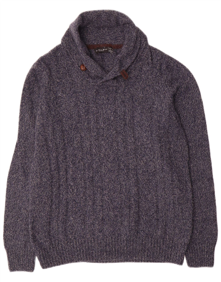 Maglione Zara da uomo con collo a scialle, grande, in lana screziata blu navy