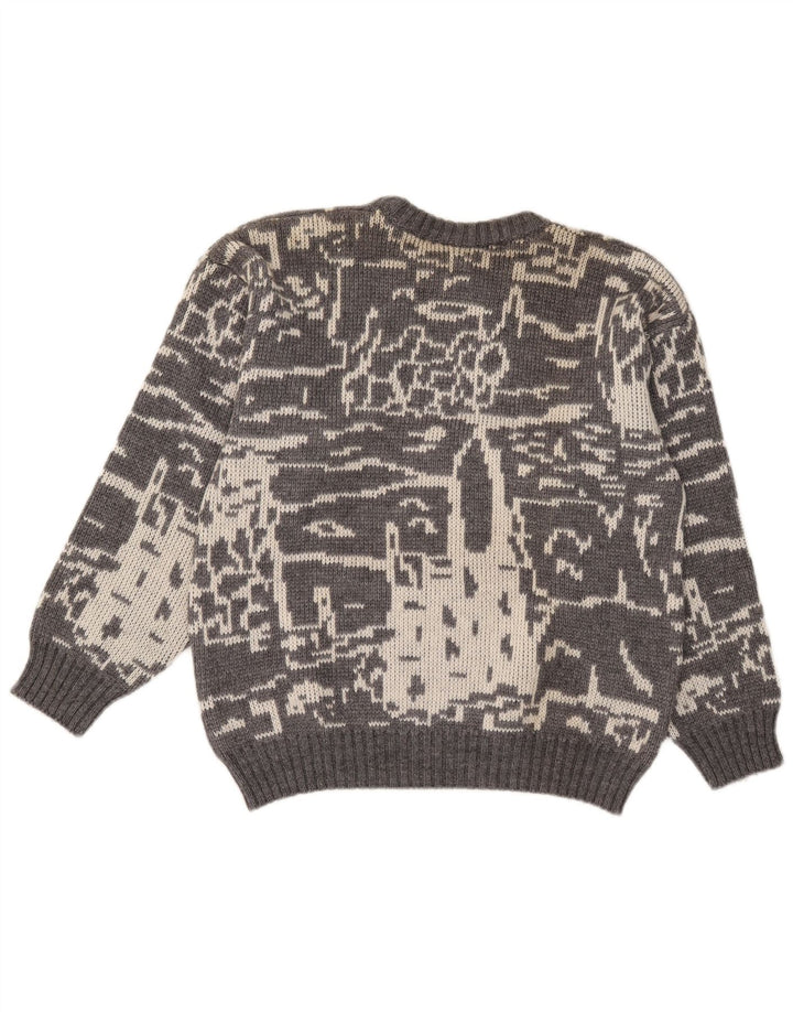 Maglione girocollo da uomo vintage con motivo astratto, girocollo, piccolo grigio