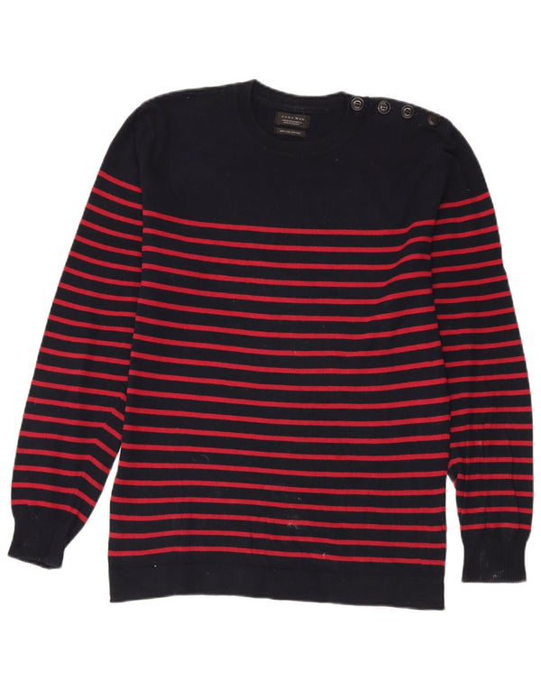 Maglione girocollo da uomo Zara in cotone a righe medie blu navy