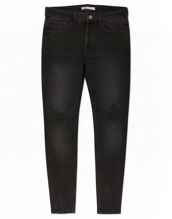 Jeans skinny effetto invecchiato da uomo Zara EU 42 Large W32 L29 cotone nero