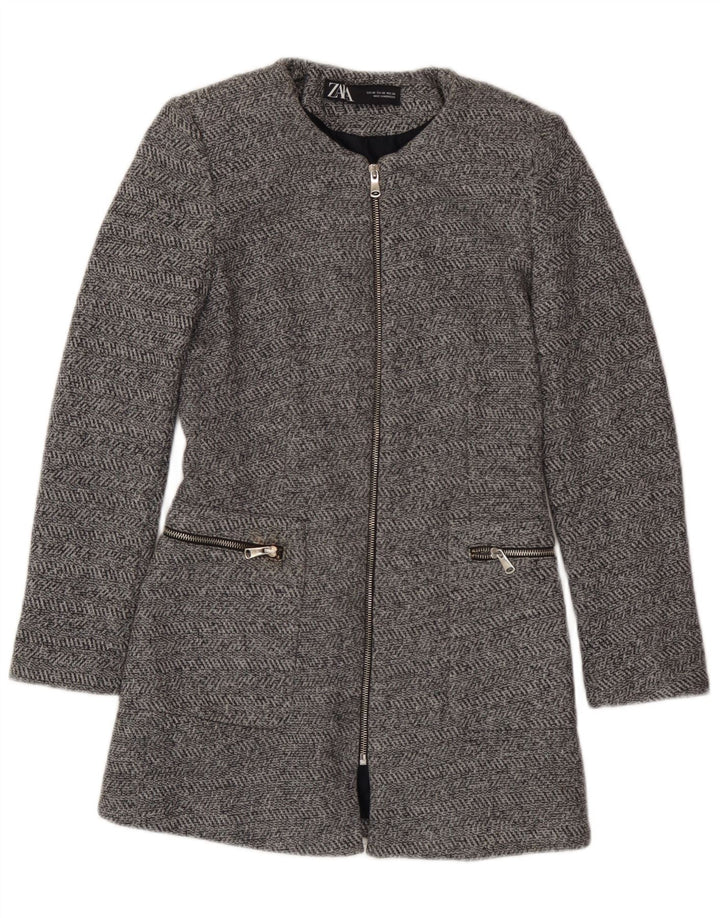 Giacca blazer con zip intera da donna Zara UK 6 XS cotone grigio a spina di pesce