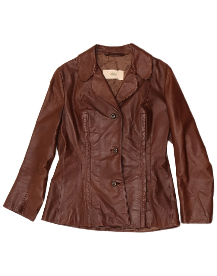 Giacca blazer in pelle vintage da donna a 3 bottoni UK 12 Marrone medio