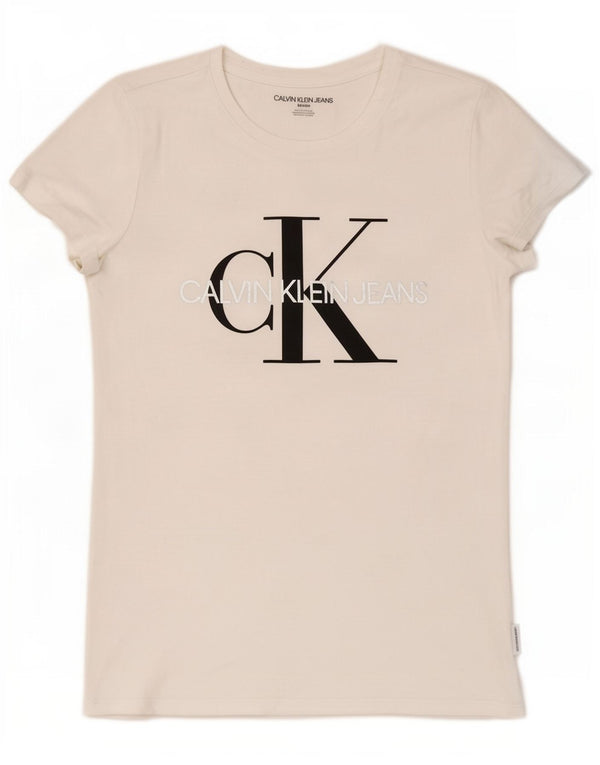 Calvin Klein Jeans Womens Graphic T-Shirt Top UK 10 Small White Cotton