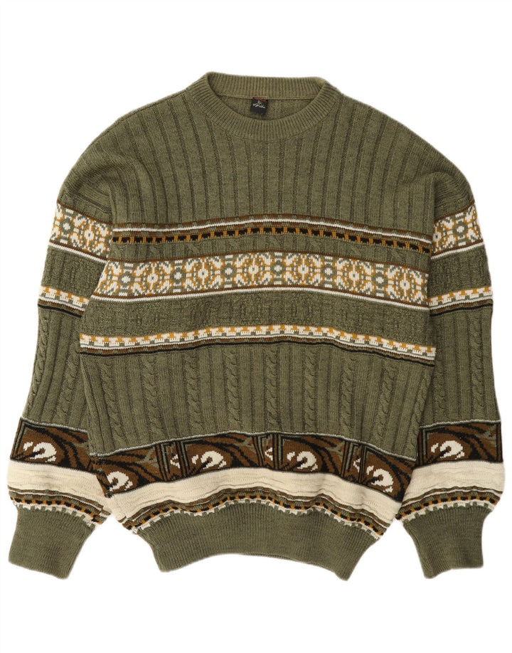 Maglione maglione girocollo da uomo vintage verde medio Fair Isle