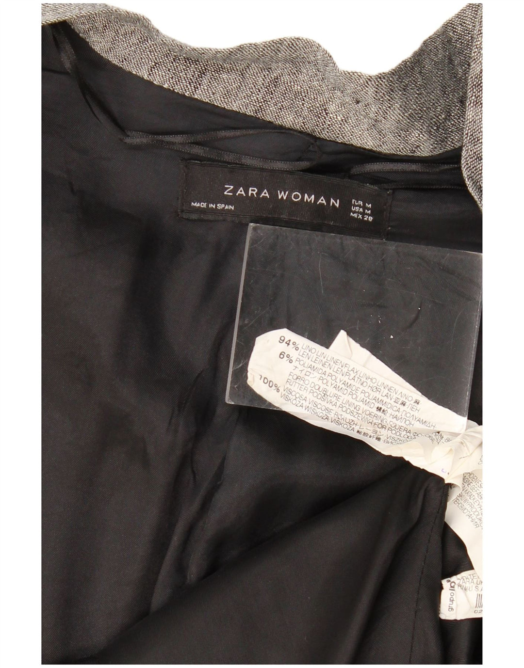 Giacca blazer da donna con cravatta frontale ZARA UK 14 Lino color block grigio medio