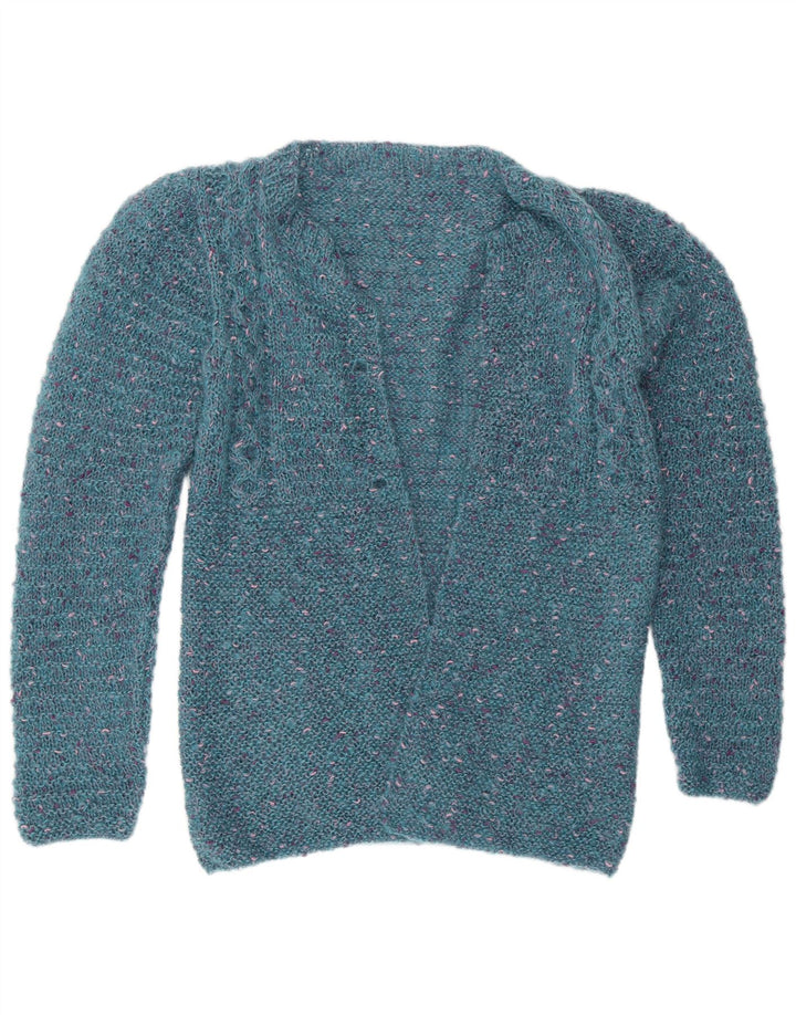 Maglione cardigan aperto da donna vintage UK 12 blu medio screziato