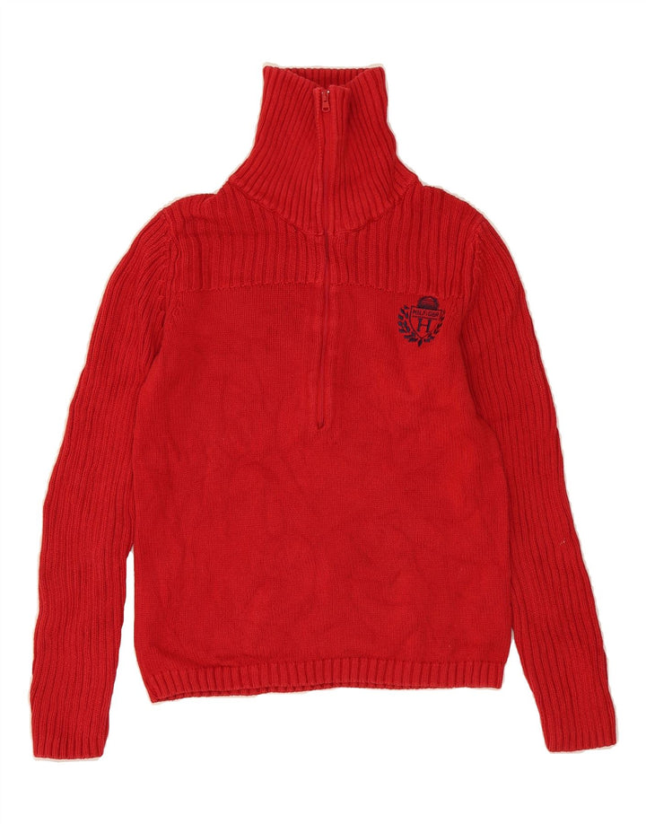 TOMMY HILFIGER Womens Zip Neck Jumper Sweater UK 12 Medium Red Cotton Vintage Tommy Hilfiger and Second-Hand Tommy Hilfiger from Messina Hembry 