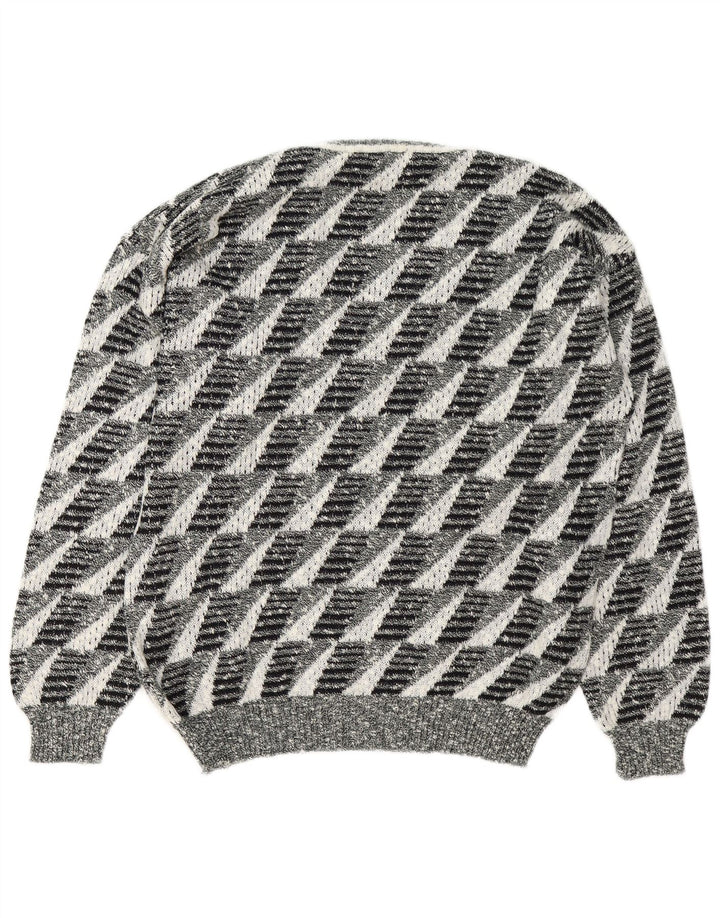 Maglione vintage da uomo con scollo a V grande grigio geometrico