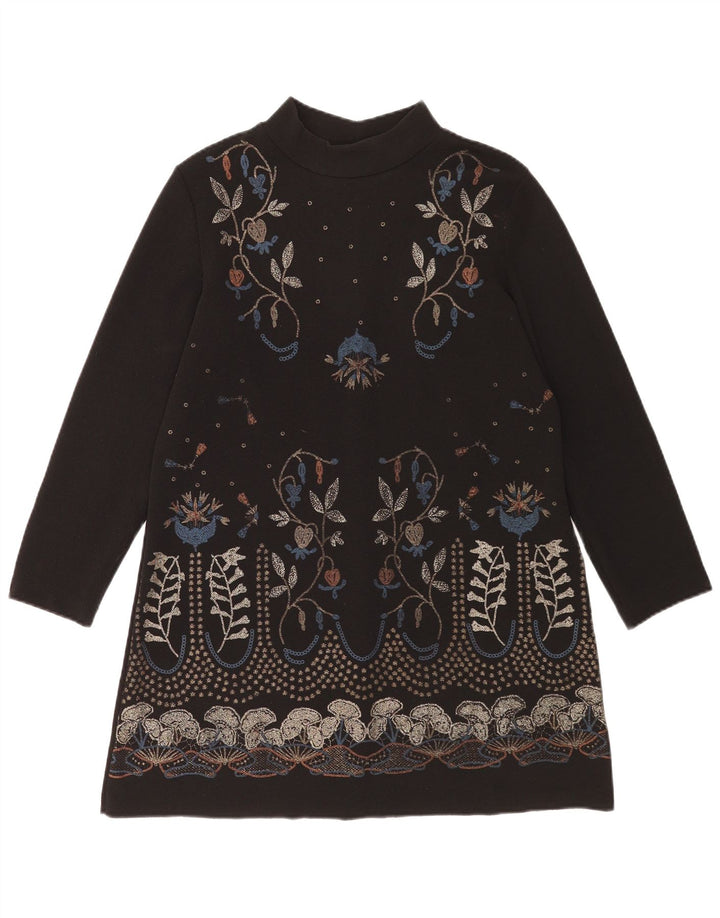 Abito a trapezio a maniche lunghe da donna Zara UK 14 Poliestere floreale nero medio