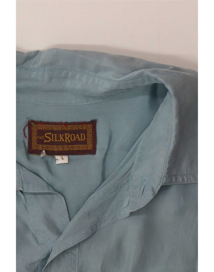 Camicia vintage da uomo a maniche corte grande in seta blu
