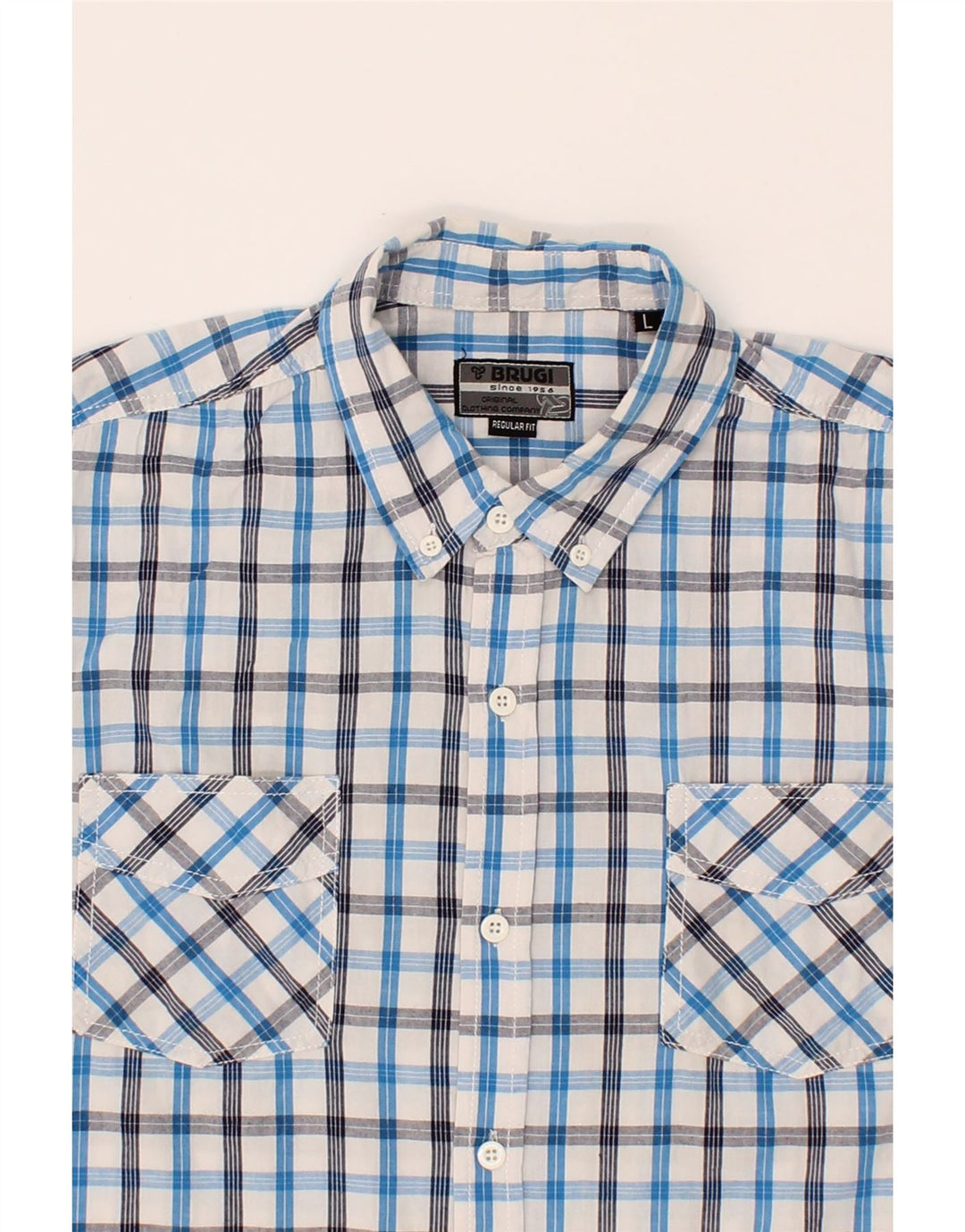BRUGI Mens Regular Fit Short Sleeve Shirt Large Blue Check Cotton Vintage Brugi and Second-Hand Brugi from Messina Hembry 