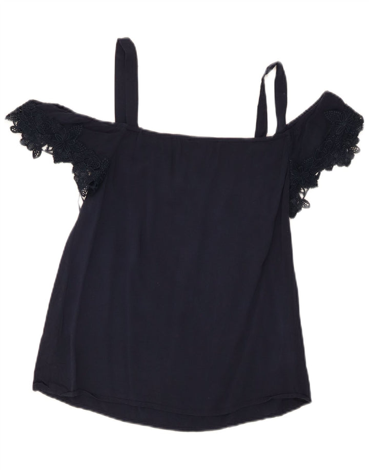 Top corto da donna con spalle scoperte Oasis UK 8 piccolo in viscosa blu navy