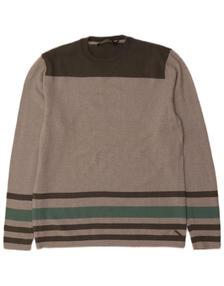 DKNY Mens Crew Neck Jumper Sweater Small Grey Striped Wool