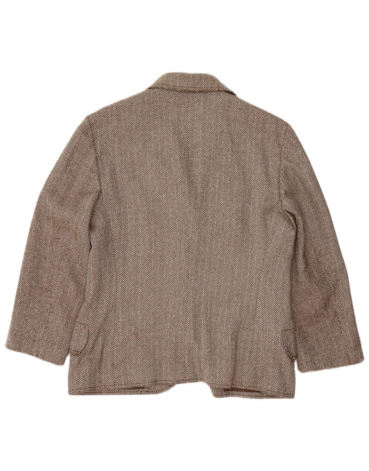 Giacca blazer da donna a 3 bottoni Genny UK 16 grande lana a spina di pesce marrone