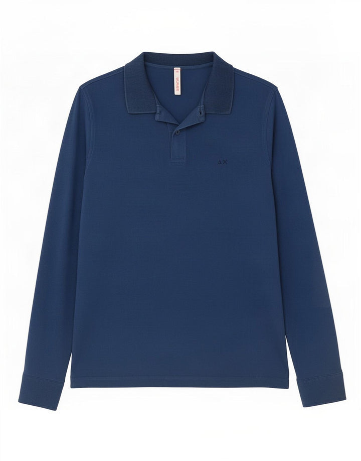 Polo da uomo a manica lunga Sun68 in cotone blu medio
