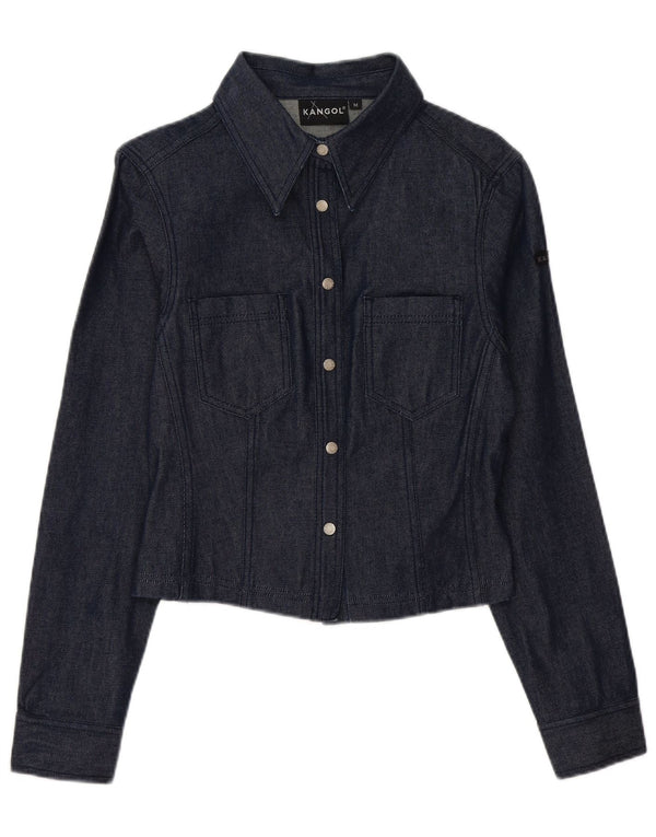 KANGOL Womens Crop Denim Shirt UK 12 Medium Navy Blue Cotton
