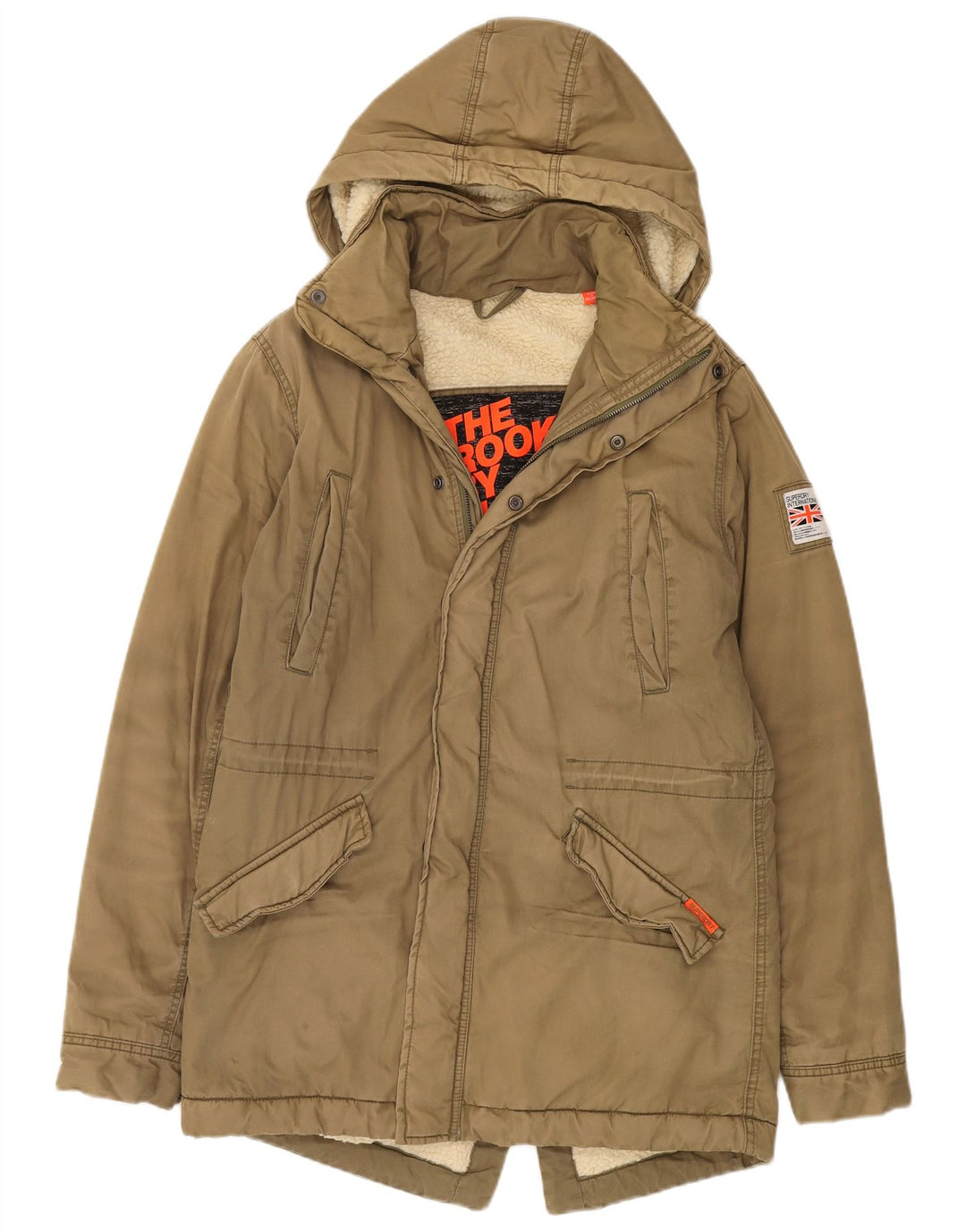 Giacca parka da donna con cappuccio Superdry UK 16 grande cotone kaki