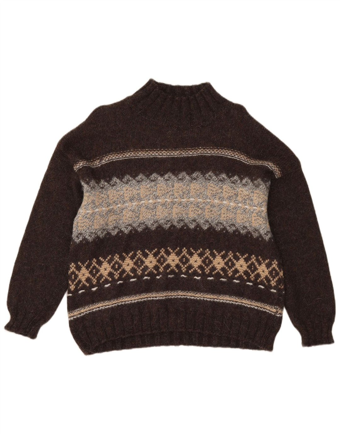Maglione maglione da donna a collo alto Sisley UK 14 Marrone medio Fair Isle