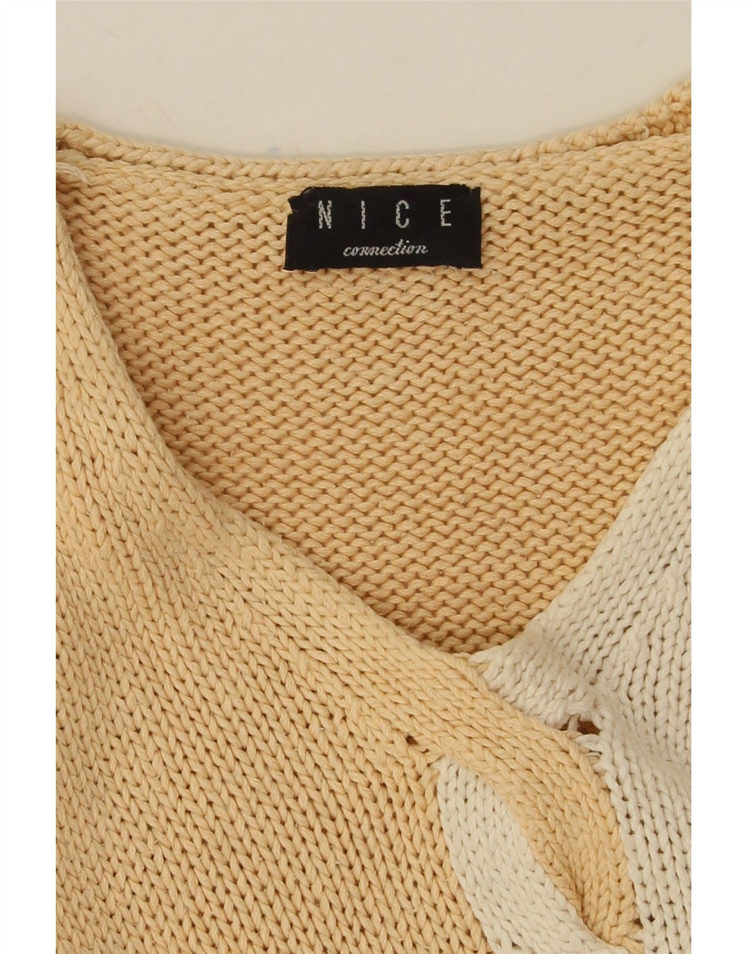 NICE CONNECTION Womens V-Neck Jumper Sweater UK 16 Large Beige Colourblock Vintage Nice Connection and Second-Hand Nice Connection from Messina Hembry 