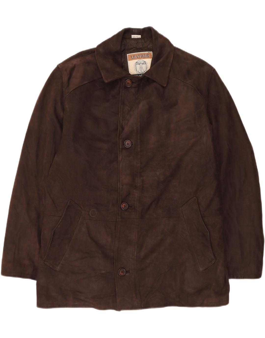 Cappotto in pelle vintage da uomo IT 50 grande in pelle marrone