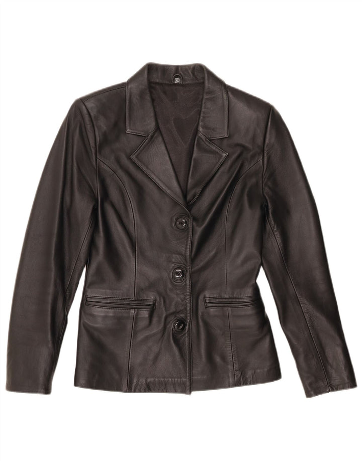 Giacca blazer in pelle vintage da donna a 3 bottoni UK 6 XS nera