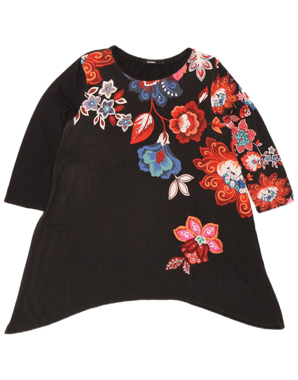 Desigual Donna Graphic Tunica Manica a 3/4 Top UK 14 Grande Nero Floreale
