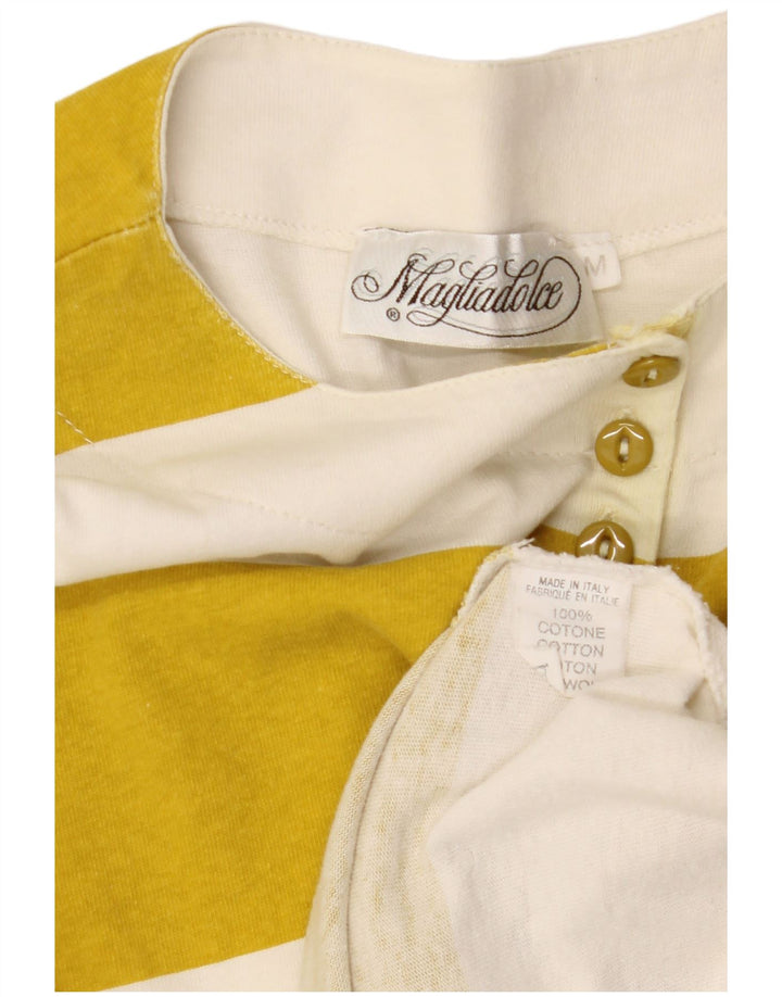 Top grafico da donna VINTAGE manica lunga UK 14 cotone a righe gialle medie